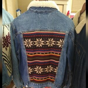 Denim Jacket with Muticolor Knit Patterned Back Panel